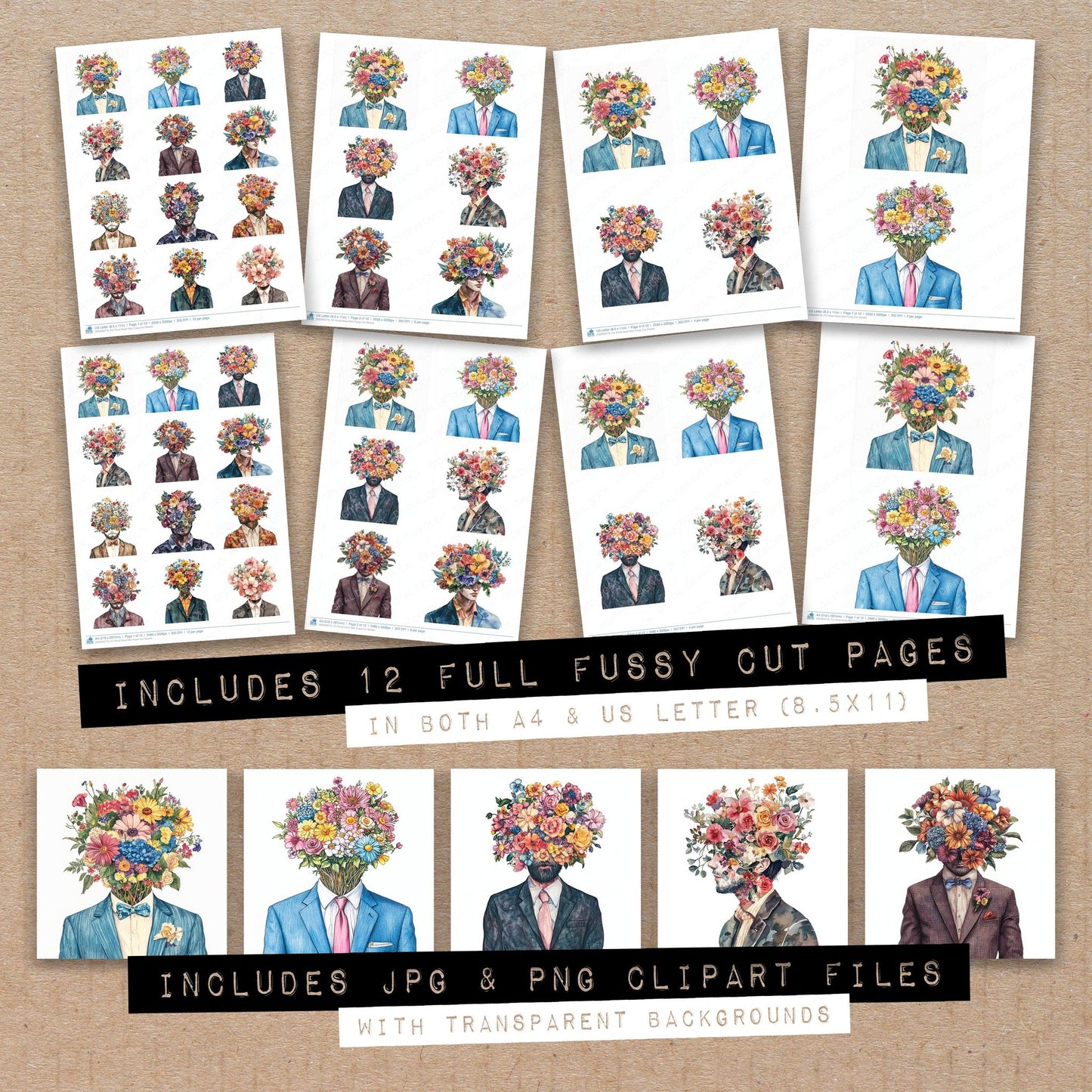 Full collection view of Floral Head Man fussy cut sheets with bonus clipart JPG and PNG files