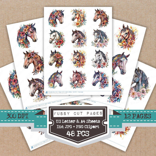 Floral Horse Portrait fussy cut printable sheets for junk journaling, scrapbooking, and paper craft projects