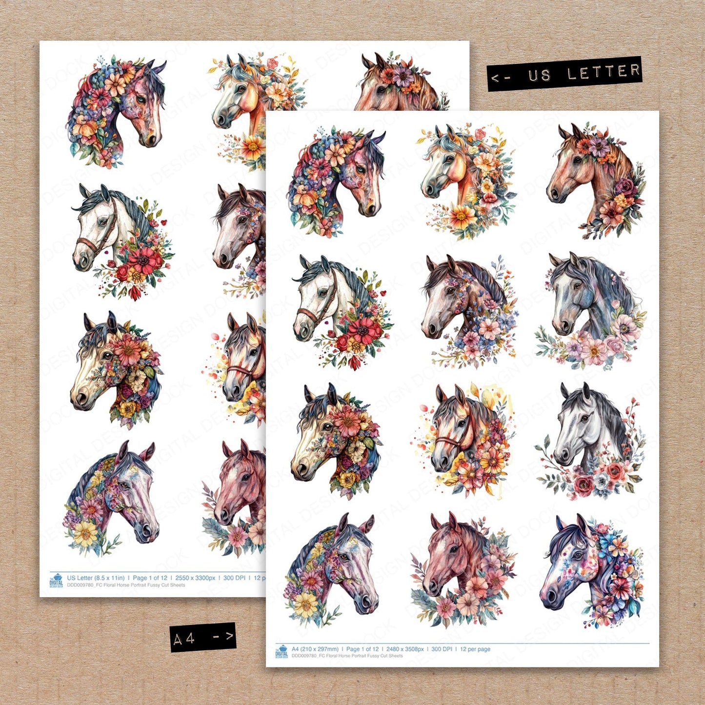 A4 and US Letter format comparison showing Floral Horse Portrait fussy cut pages for print and cut crafting