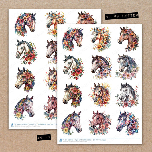 A4 and US Letter format comparison showing Floral Horse Portrait fussy cut pages for print and cut crafting