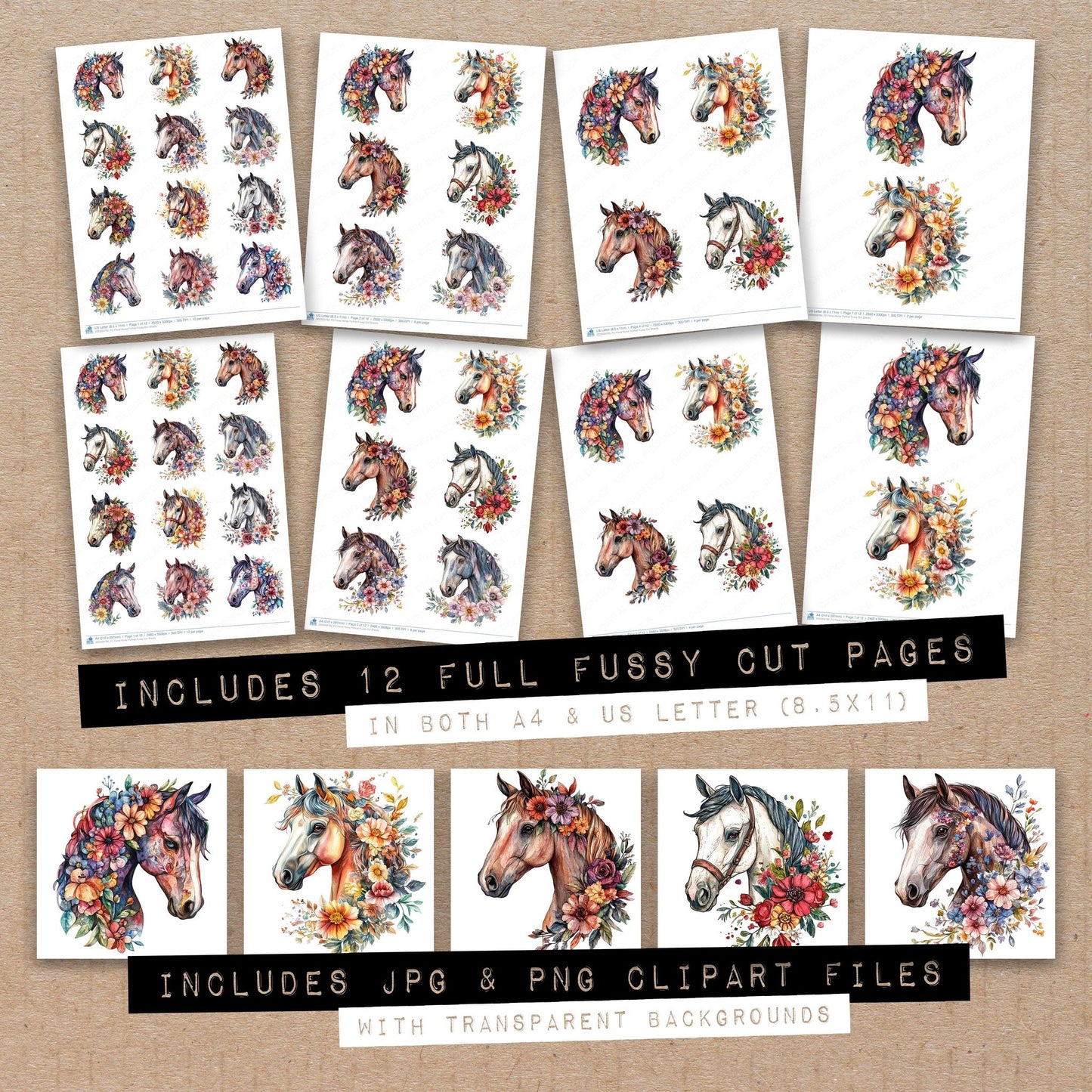 Full collection view of Floral Horse Portrait fussy cut sheets with bonus clipart JPG and PNG files