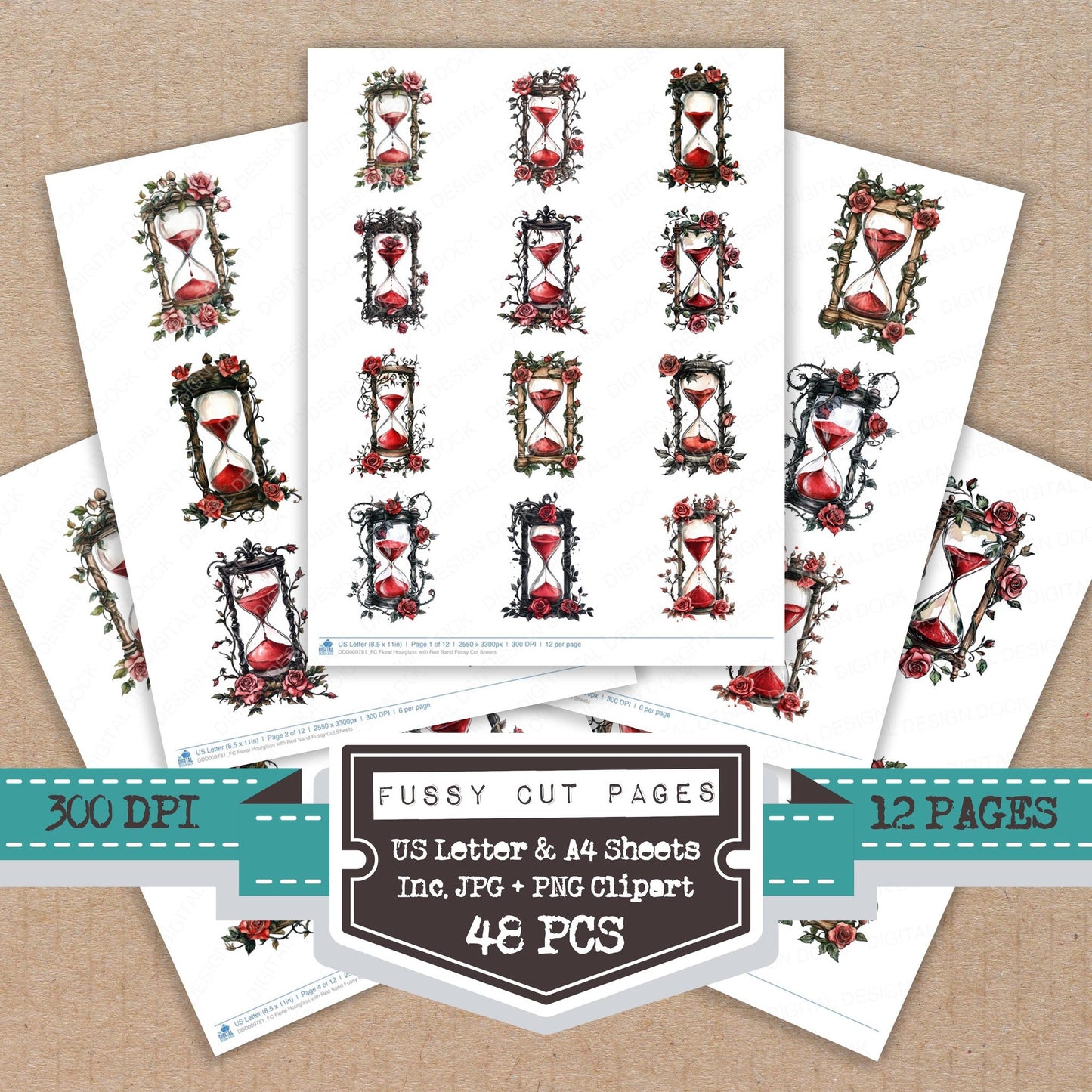 Floral Hourglass with Red Sand fussy cut printable sheets for junk journaling, scrapbooking, and paper craft projects