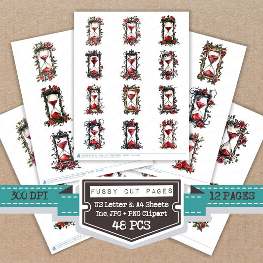 Floral Hourglass with Red Sand fussy cut printable sheets for junk journaling, scrapbooking, and paper craft projects
