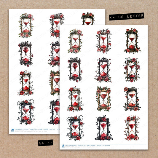 A4 and US Letter format comparison showing Floral Hourglass with Red Sand fussy cut pages for print and cut crafting