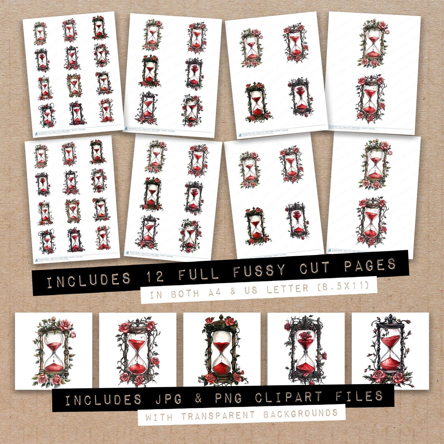 Full collection view of Floral Hourglass with Red Sand fussy cut sheets with bonus clipart JPG and PNG files