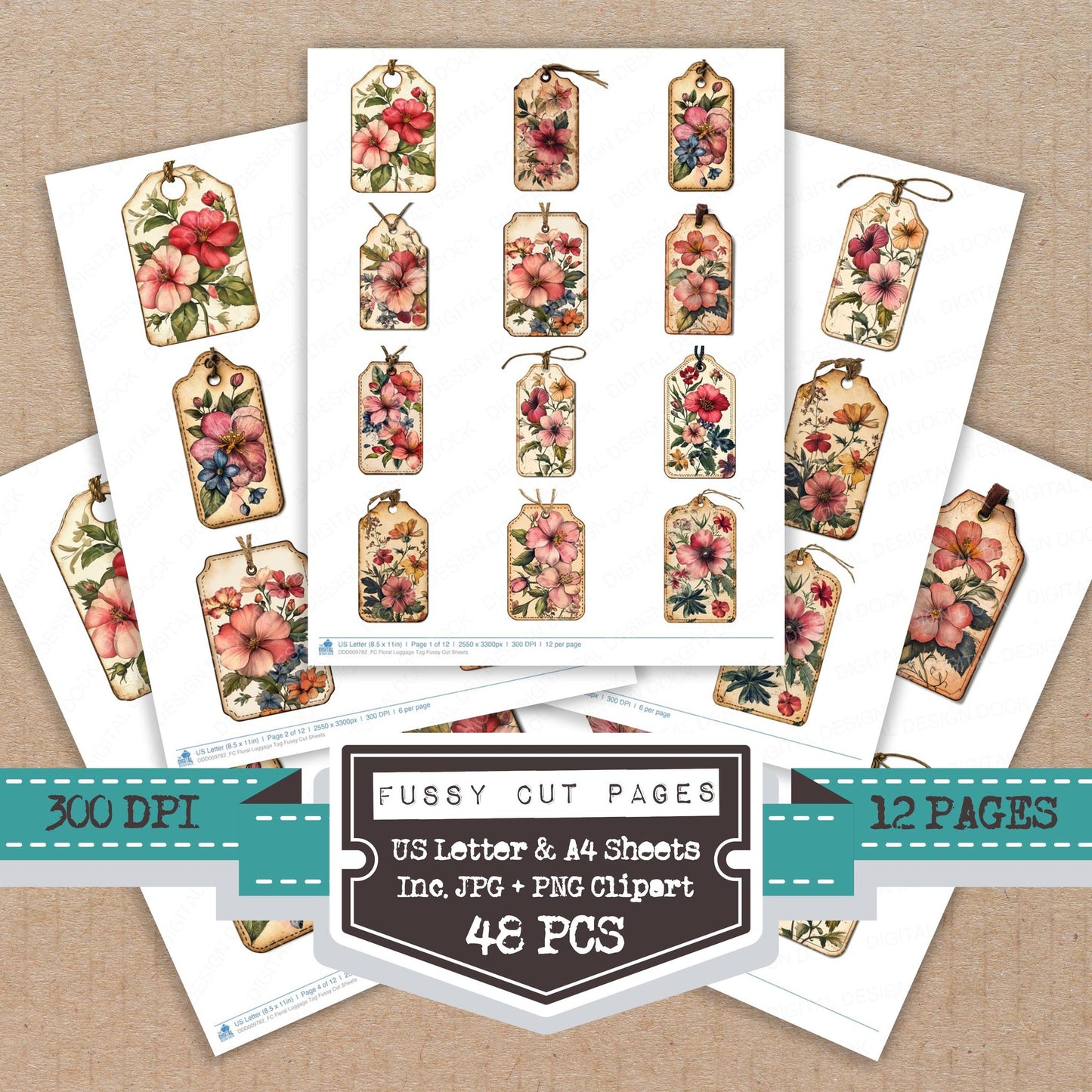 Floral Luggage Tag fussy cut printable sheets for junk journaling, scrapbooking, and paper craft projects