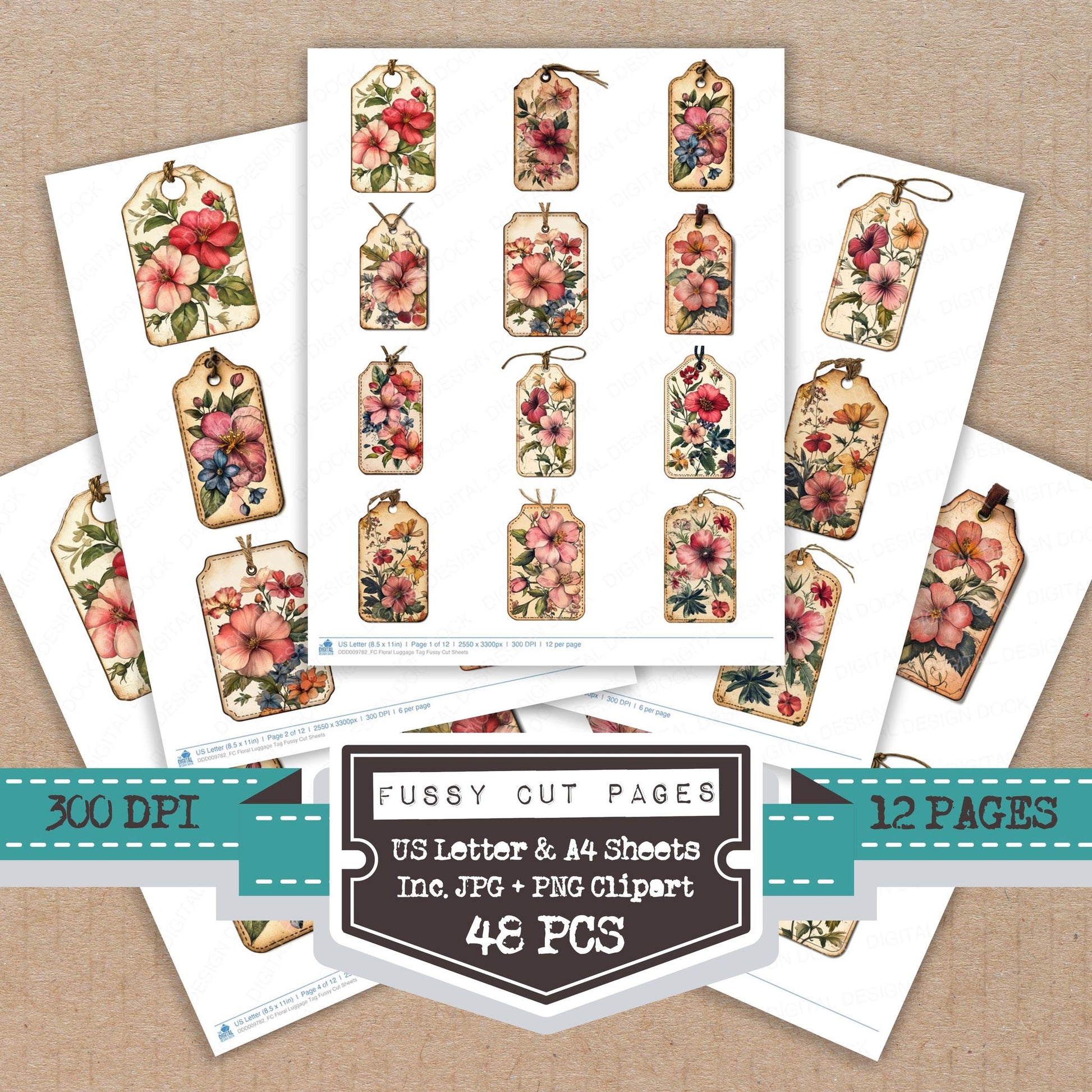 Floral Luggage Tag fussy cut printable sheets for junk journaling, scrapbooking, and paper craft projects