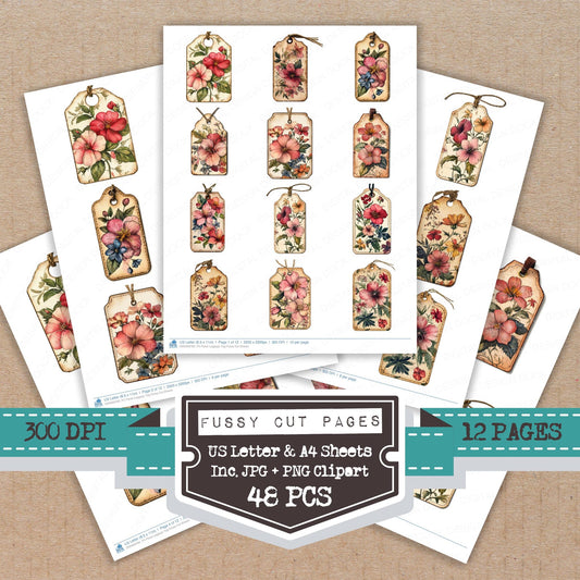 Floral Luggage Tag fussy cut printable sheets for junk journaling, scrapbooking, and paper craft projects