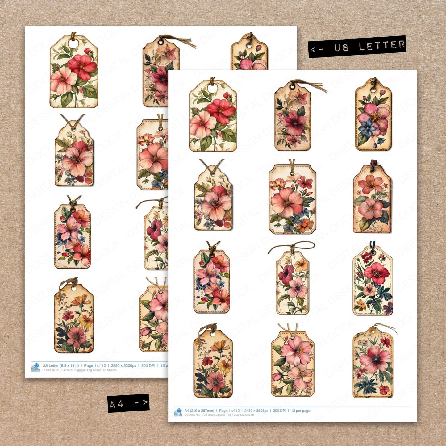 A4 and US Letter format comparison showing Floral Luggage Tag fussy cut pages for print and cut crafting