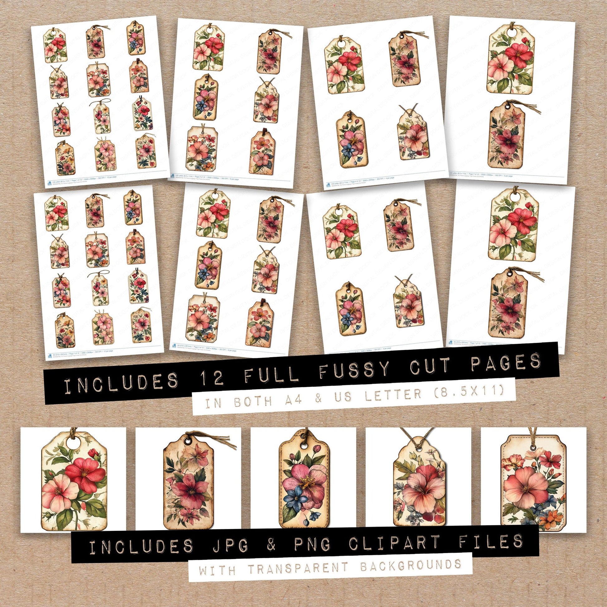 Full collection view of Floral Luggage Tag fussy cut sheets with bonus clipart JPG and PNG files