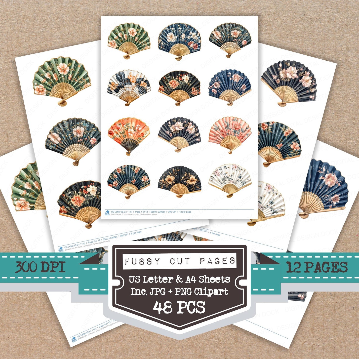 Floral Luxury Hand Fan fussy cut printable sheets for junk journaling, scrapbooking, and paper craft projects