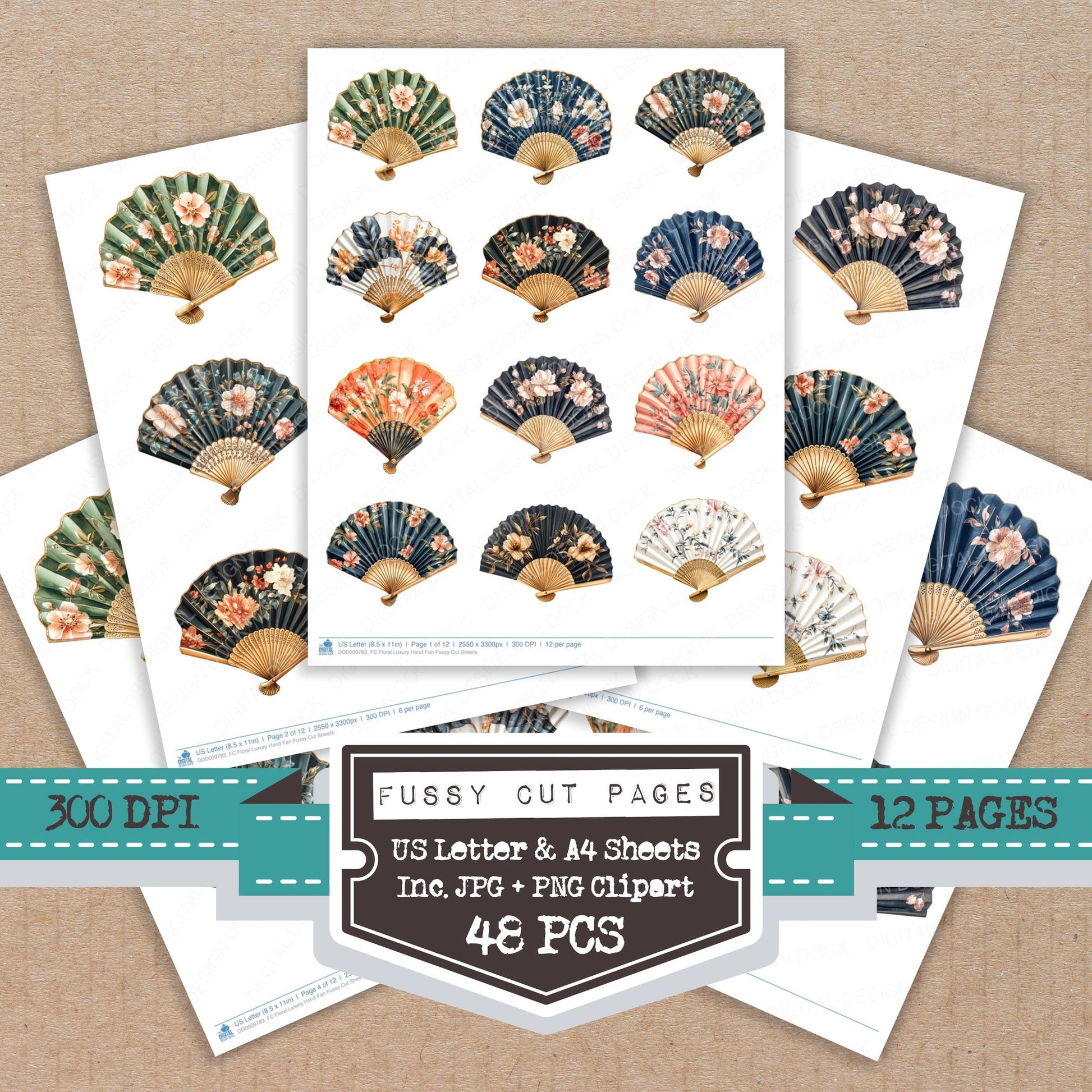 Floral Luxury Hand Fan fussy cut printable sheets for junk journaling, scrapbooking, and paper craft projects