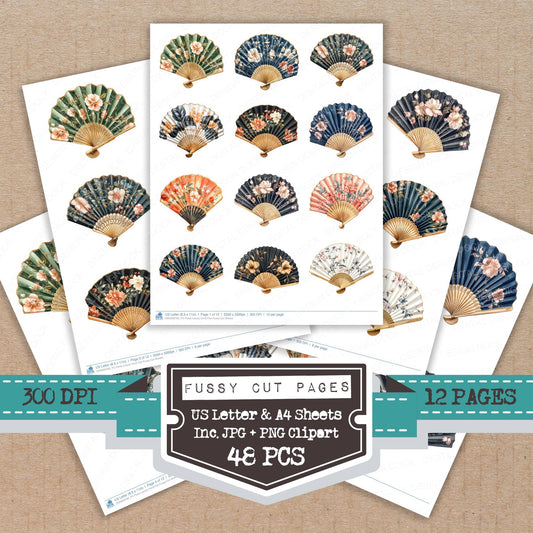 Floral Luxury Hand Fan fussy cut printable sheets for junk journaling, scrapbooking, and paper craft projects