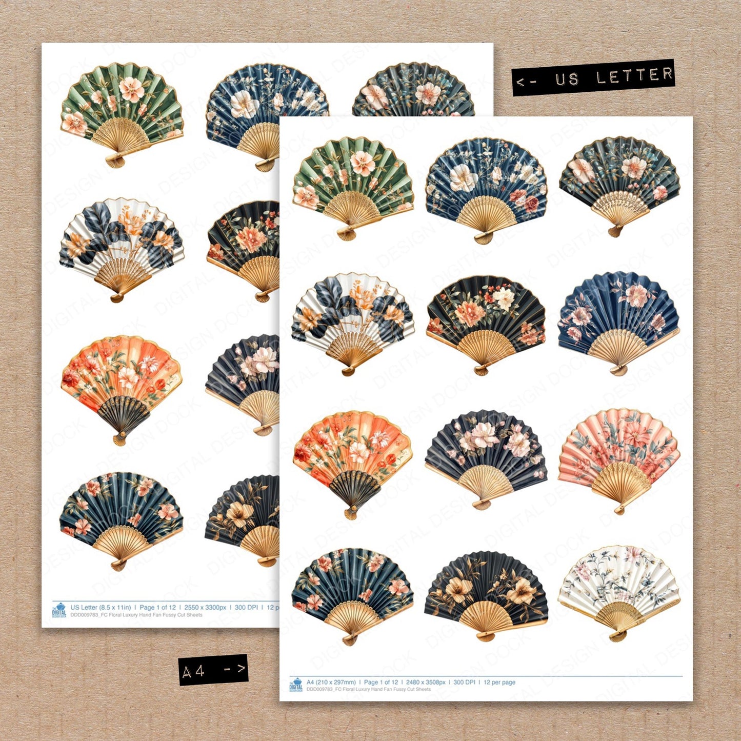 A4 and US Letter format comparison showing Floral Luxury Hand Fan fussy cut pages for print and cut crafting
