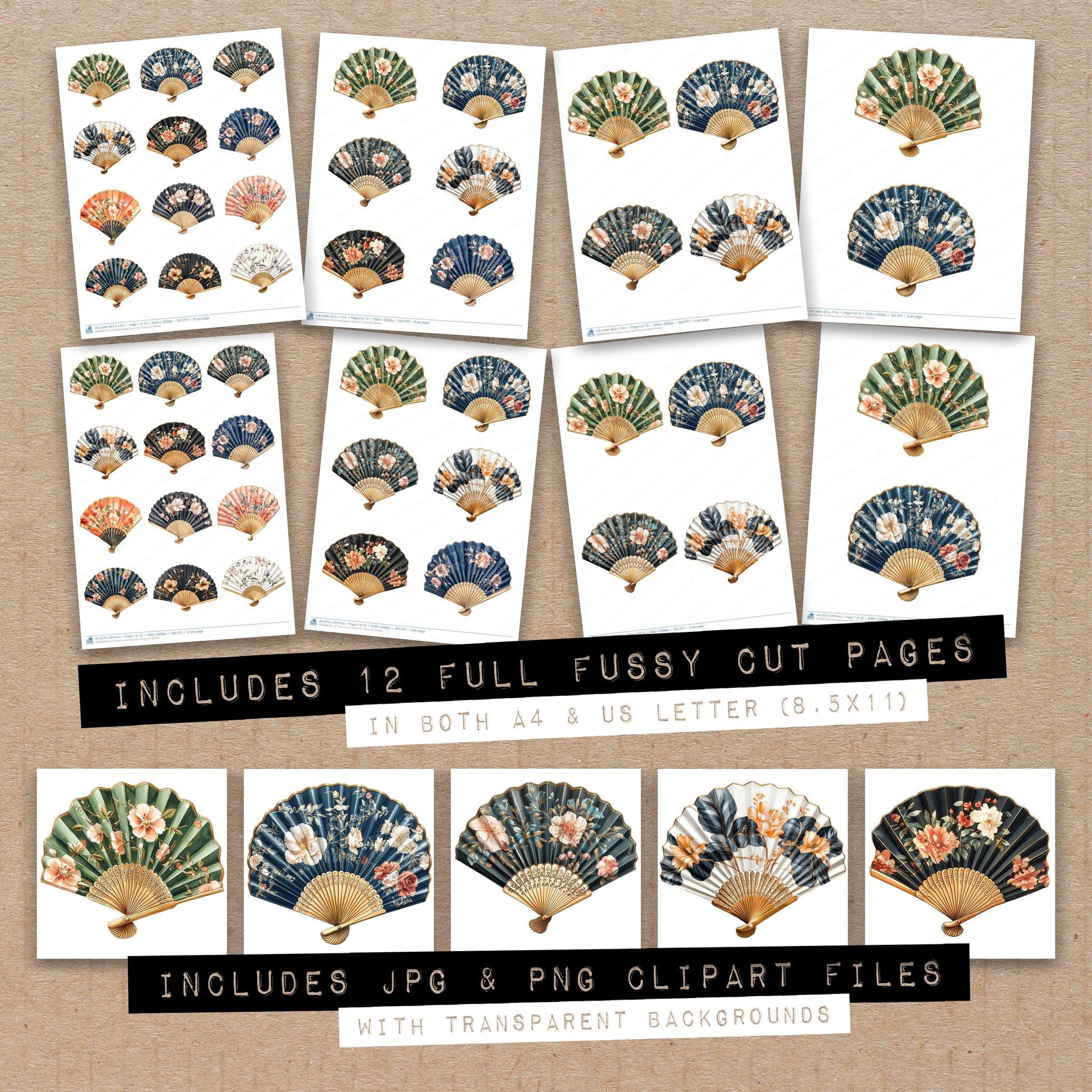 Full collection view of Floral Luxury Hand Fan fussy cut sheets with bonus clipart JPG and PNG files