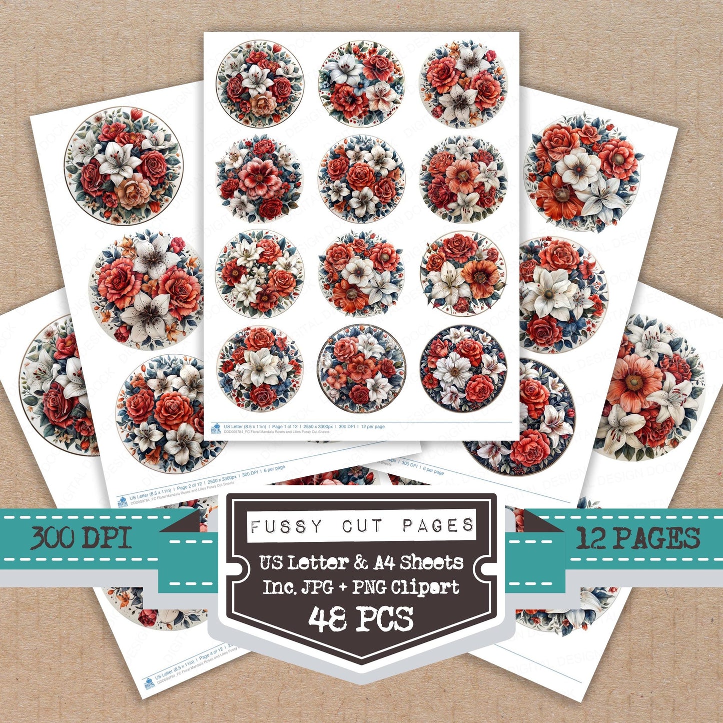 Floral Mandala Roses and Lilies fussy cut printable sheets for junk journaling, scrapbooking, and paper craft projects