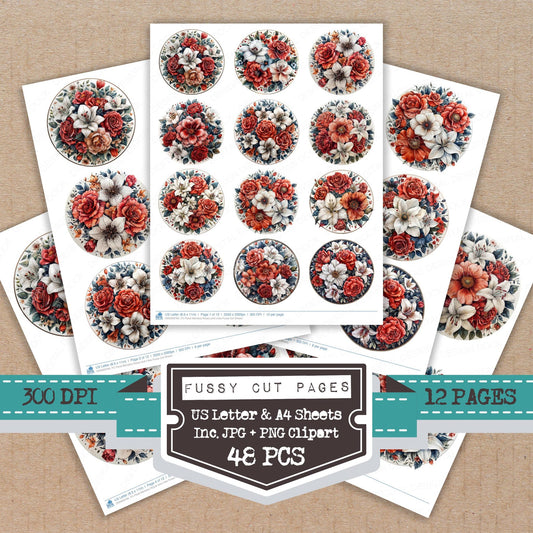 Floral Mandala Roses and Lilies fussy cut printable sheets for junk journaling, scrapbooking, and paper craft projects