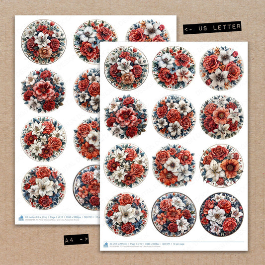 A4 and US Letter format comparison showing Floral Mandala Roses and Lilies fussy cut pages for print and cut crafting