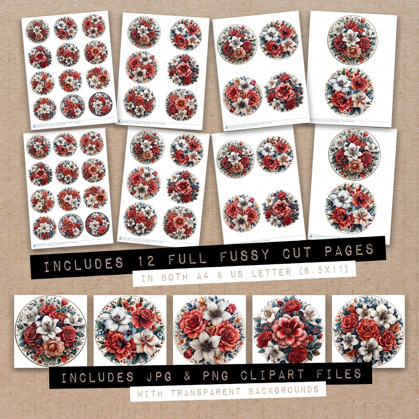 Full collection view of Floral Mandala Roses and Lilies fussy cut sheets with bonus clipart JPG and PNG files