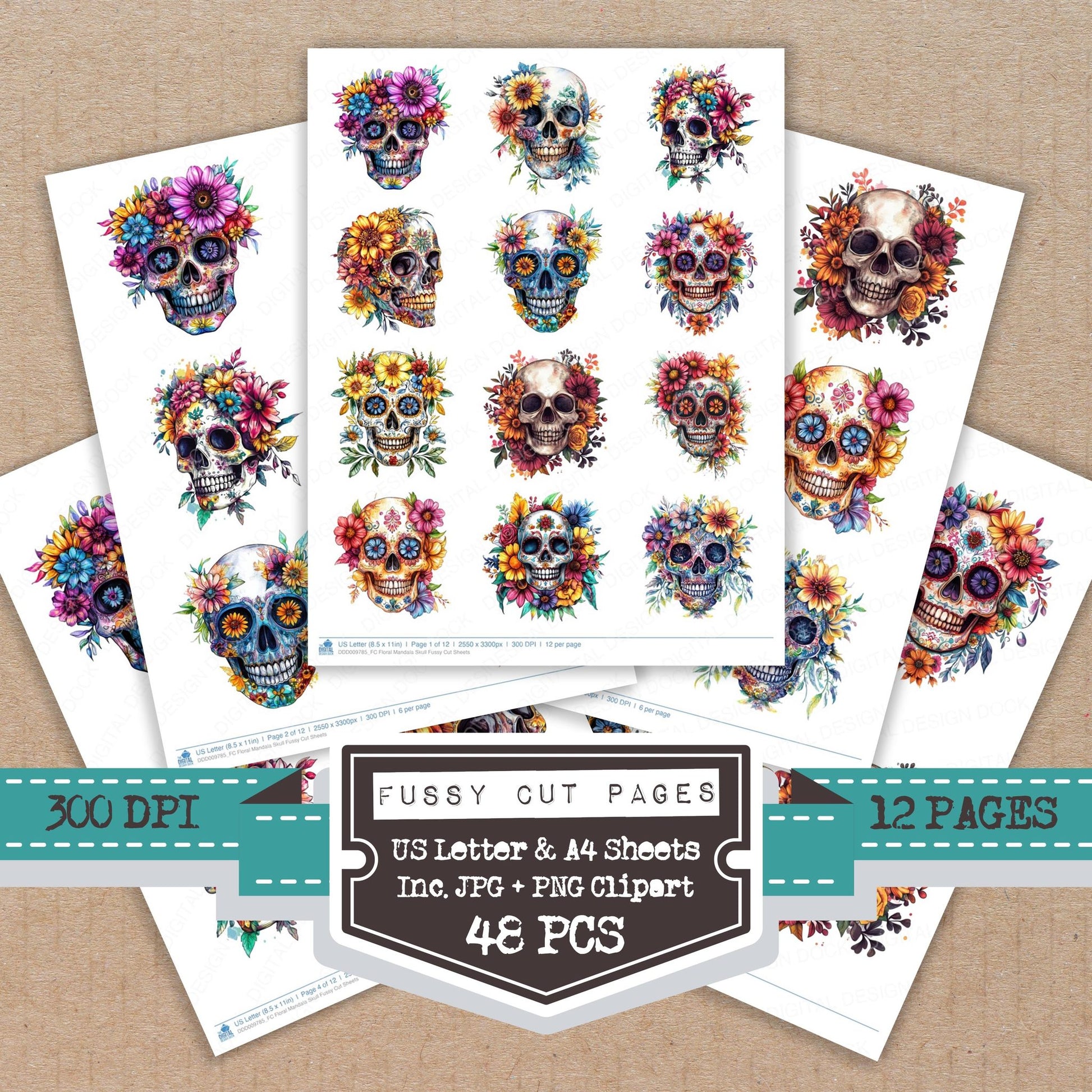 Floral Mandala Skull fussy cut printable sheets for junk journaling, scrapbooking, and paper craft projects