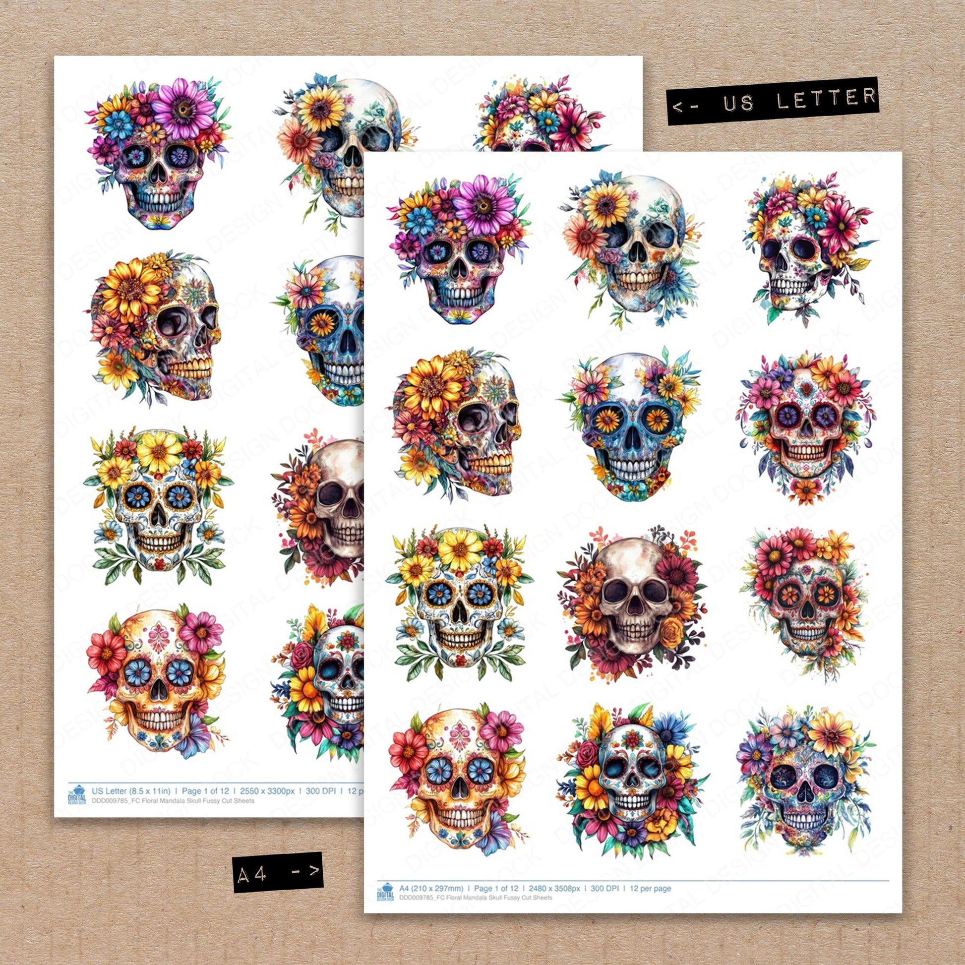 A4 and US Letter format comparison showing Floral Mandala Skull fussy cut pages for print and cut crafting