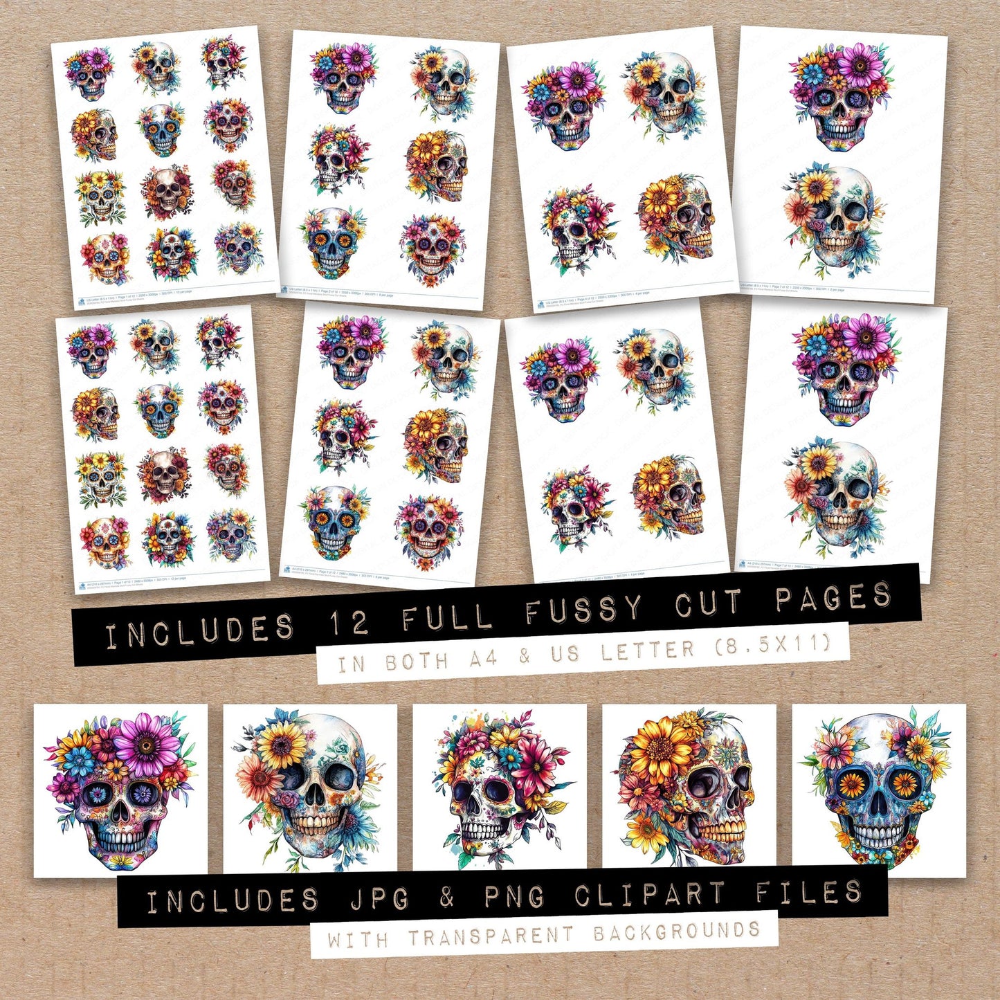 Full collection view of Floral Mandala Skull fussy cut sheets with bonus clipart JPG and PNG files