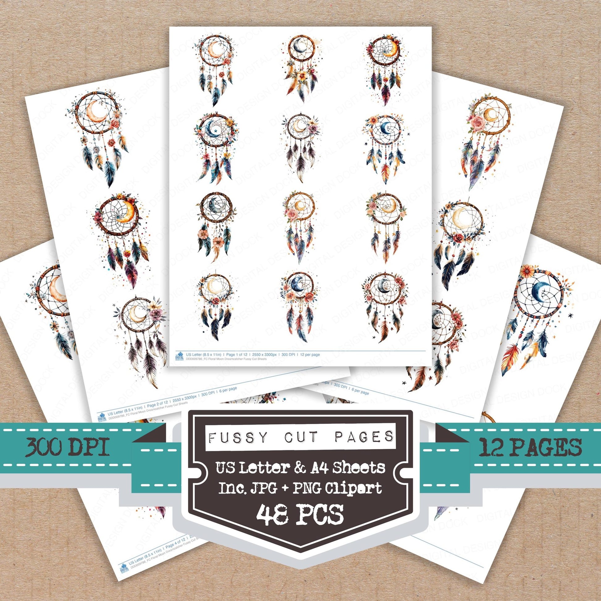 Floral Moon Dreamcatcher fussy cut printable sheets for junk journaling, scrapbooking, and paper craft projects
