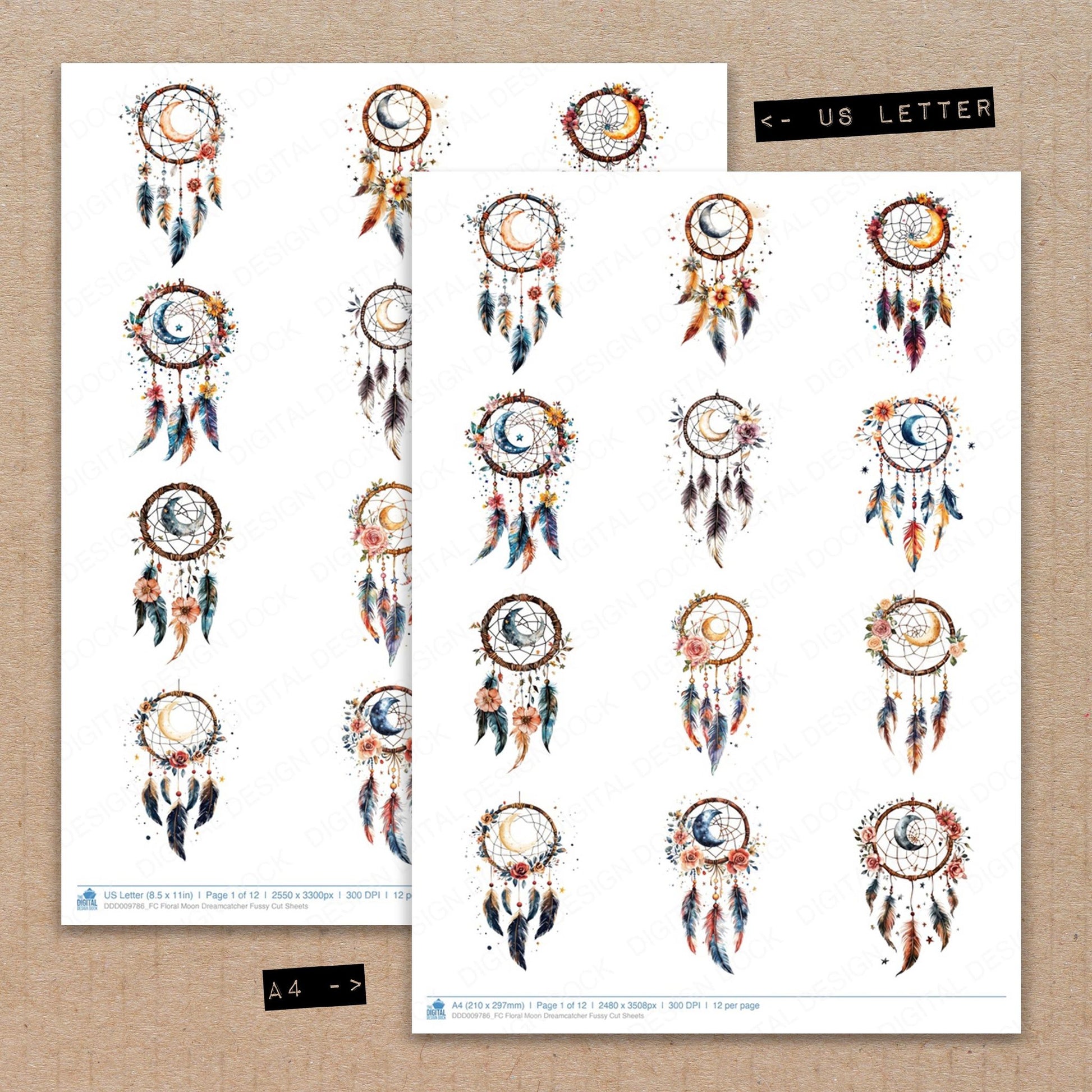 A4 and US Letter format comparison showing Floral Moon Dreamcatcher fussy cut pages for print and cut crafting