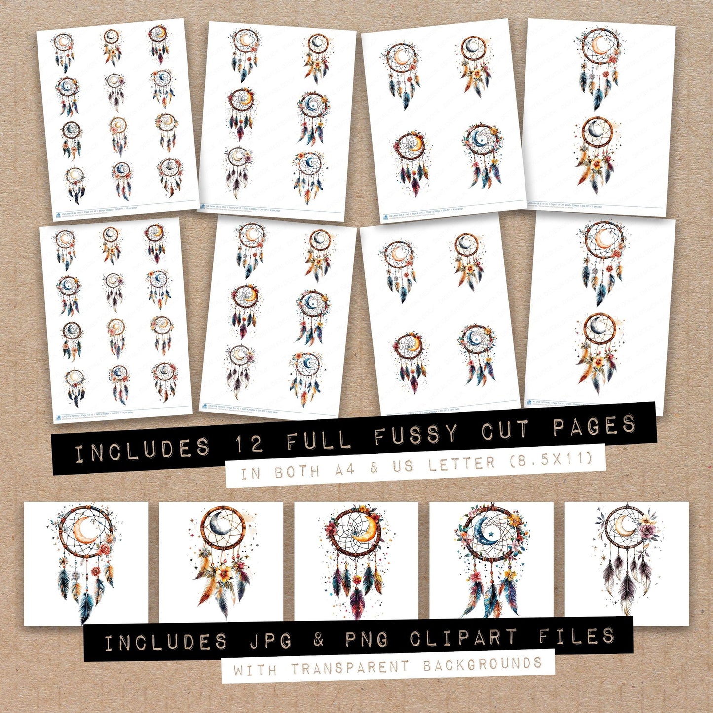 Full collection view of Floral Moon Dreamcatcher fussy cut sheets with bonus clipart JPG and PNG files