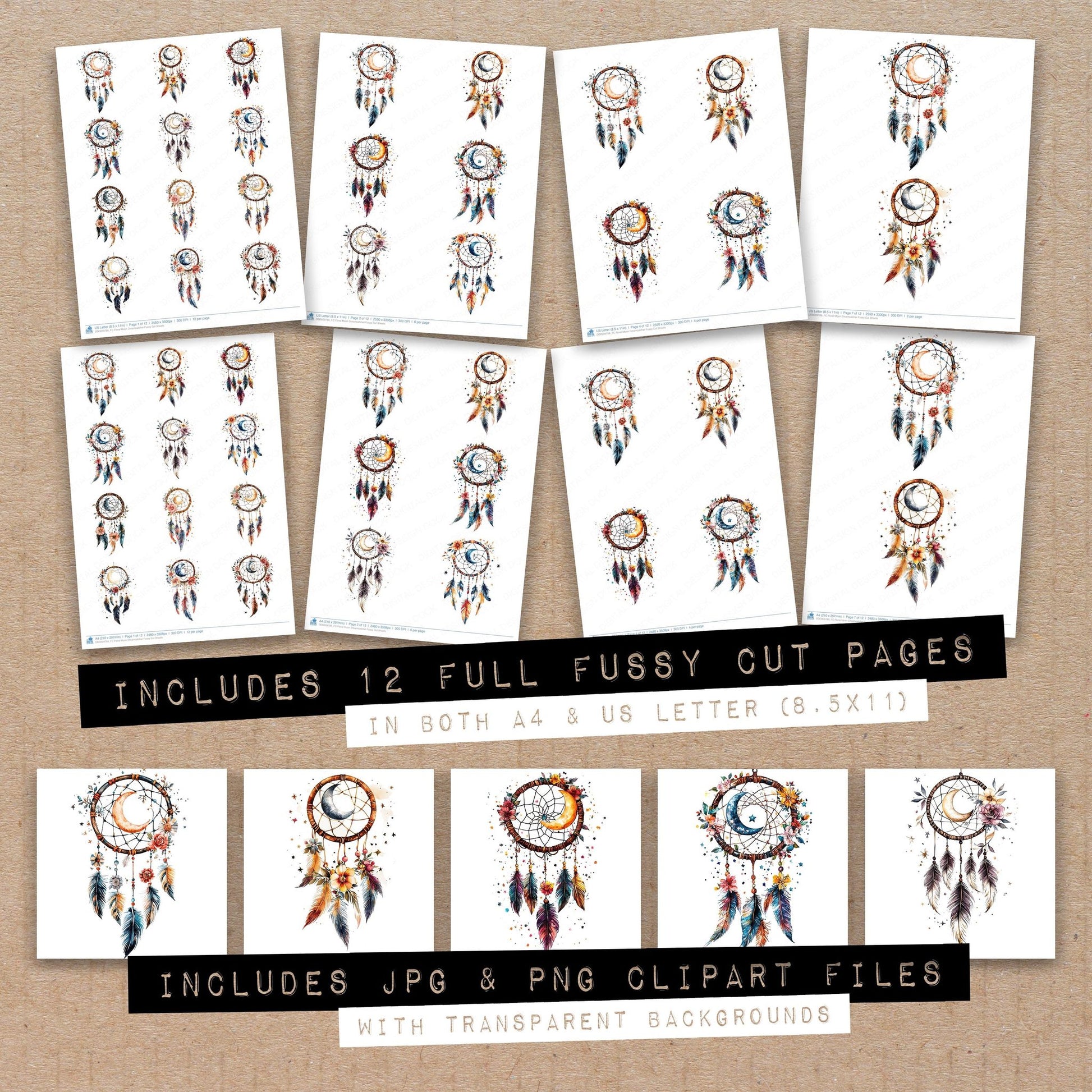 Full collection view of Floral Moon Dreamcatcher fussy cut sheets with bonus clipart JPG and PNG files