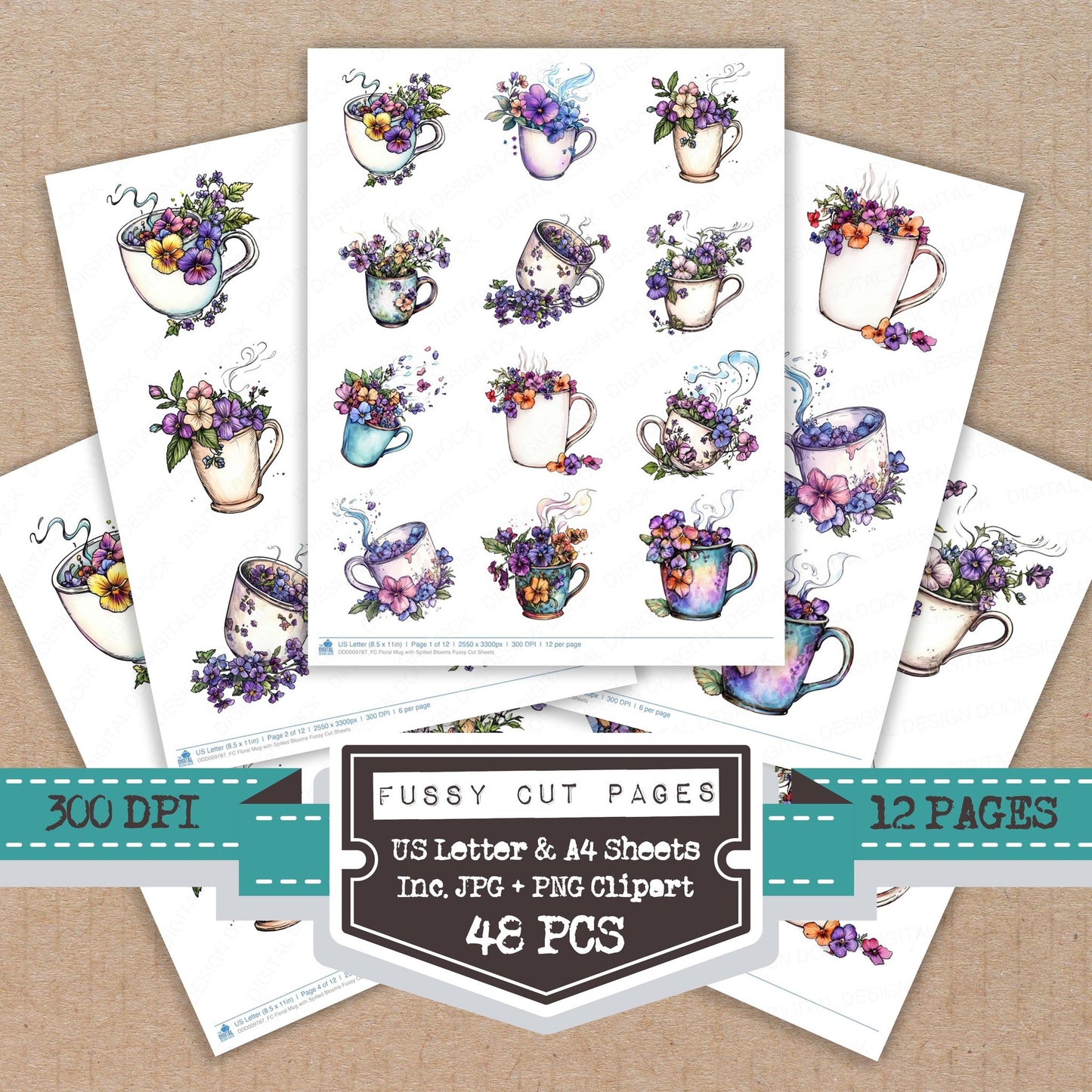 Floral Mug with Spilled Blooms fussy cut printable sheets for junk journaling, scrapbooking, and paper craft projects