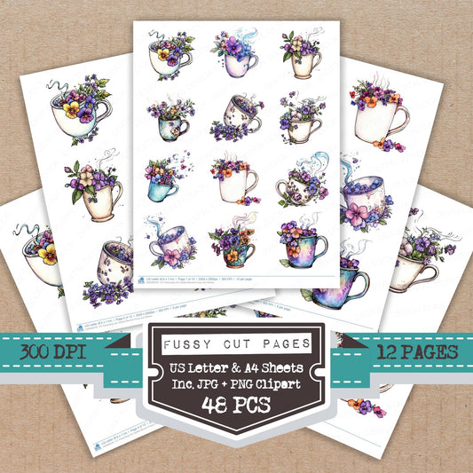 Floral Mug with Spilled Blooms fussy cut printable sheets for junk journaling, scrapbooking, and paper craft projects