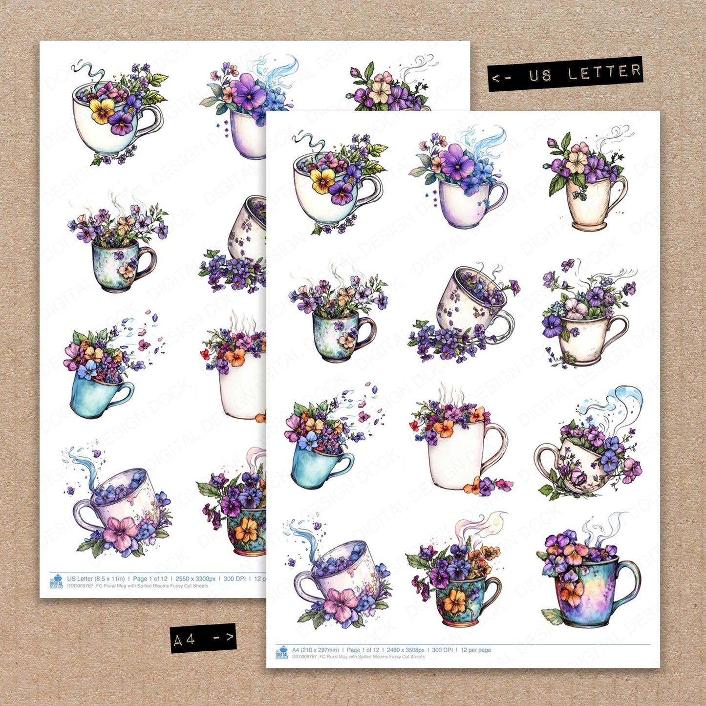 A4 and US Letter format comparison showing Floral Mug with Spilled Blooms fussy cut pages for print and cut crafting
