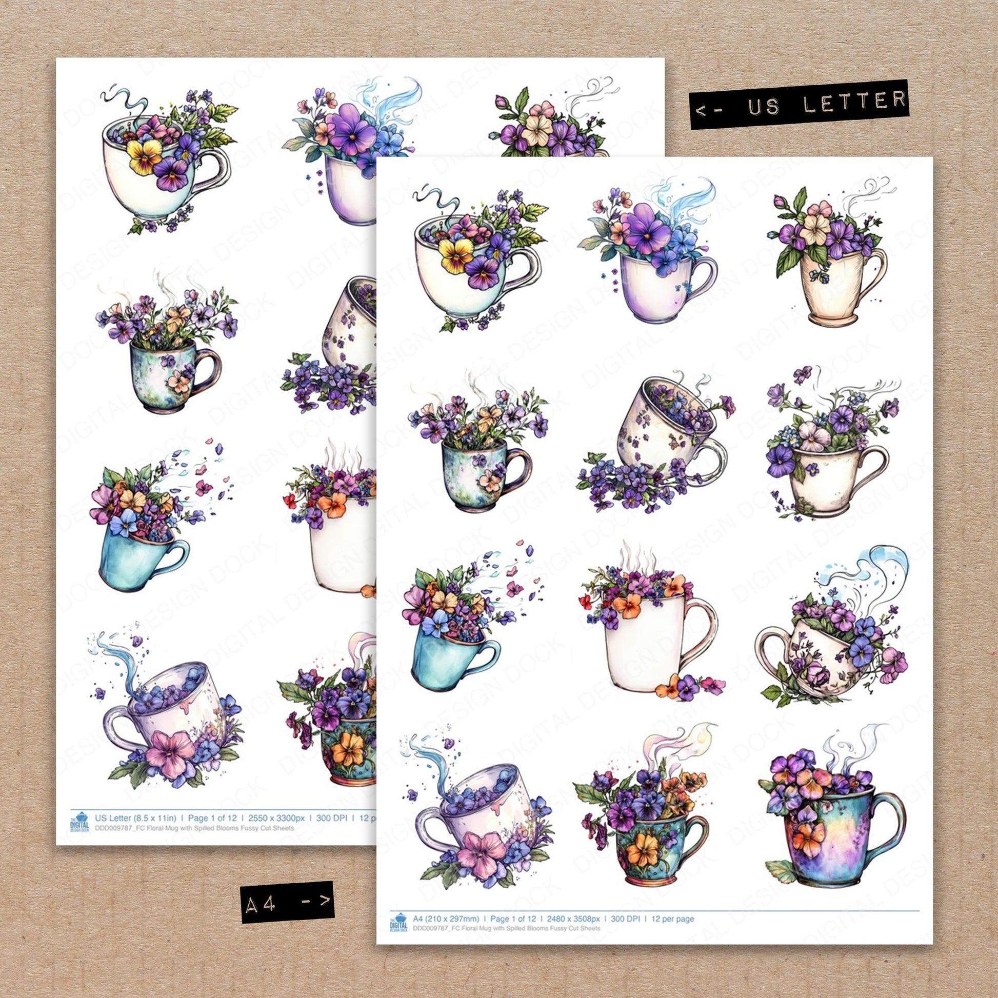 A4 and US Letter format comparison showing Floral Mug with Spilled Blooms fussy cut pages for print and cut crafting