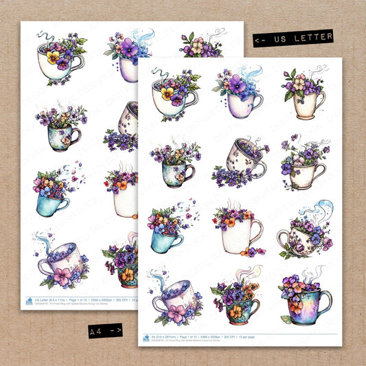 A4 and US Letter format comparison showing Floral Mug with Spilled Blooms fussy cut pages for print and cut crafting