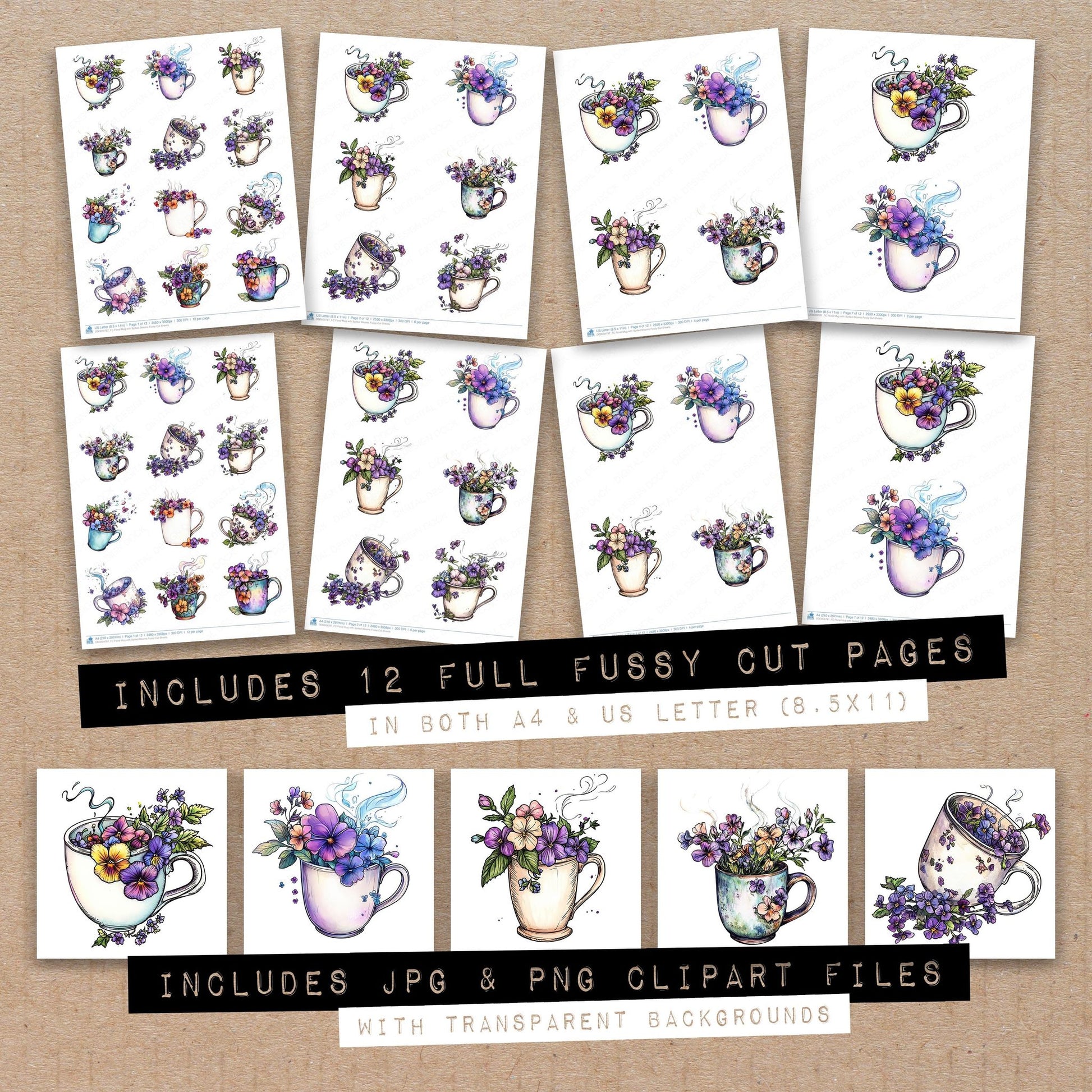 Full collection view of Floral Mug with Spilled Blooms fussy cut sheets with bonus clipart JPG and PNG files