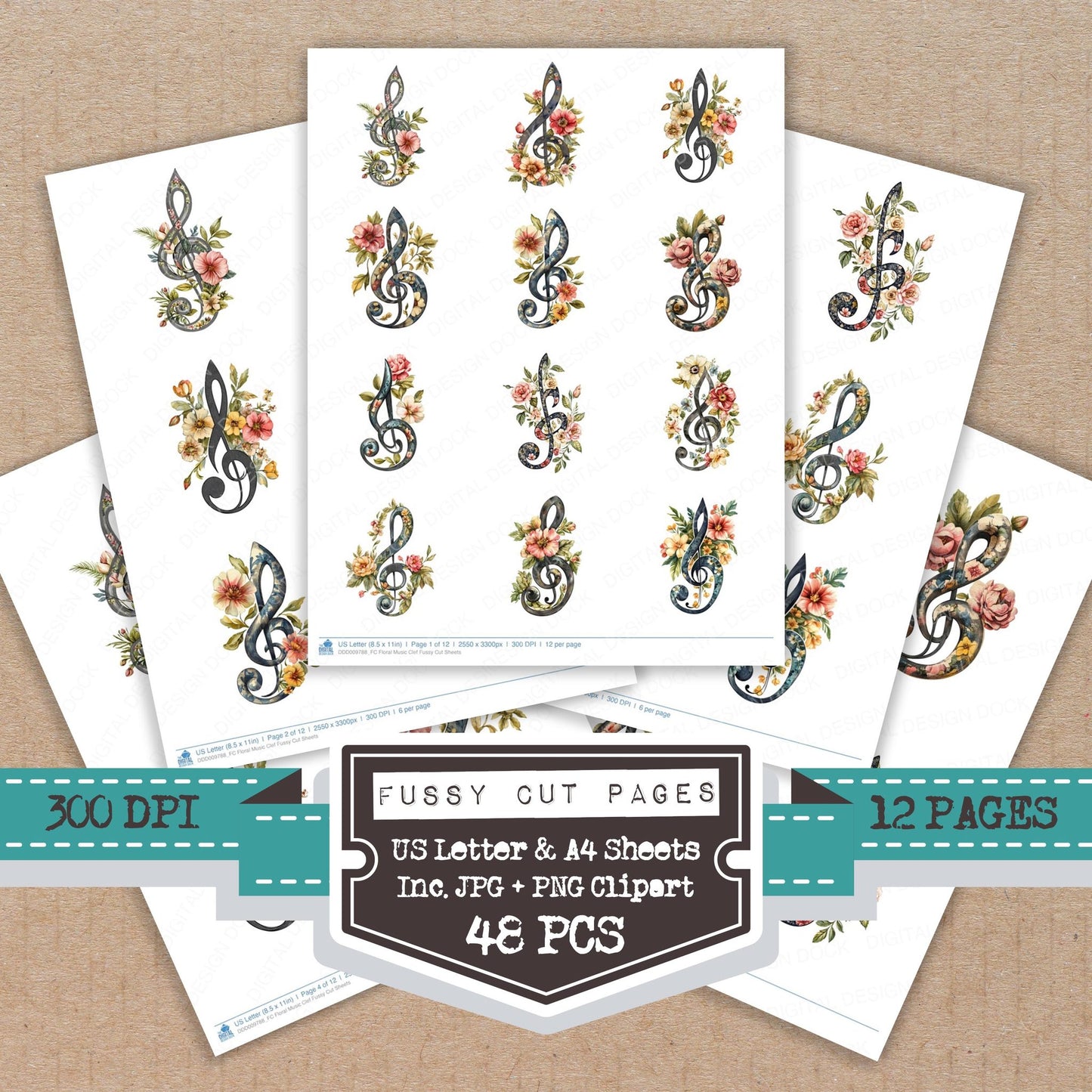 Floral Music Clef fussy cut printable sheets for junk journaling, scrapbooking, and paper craft projects