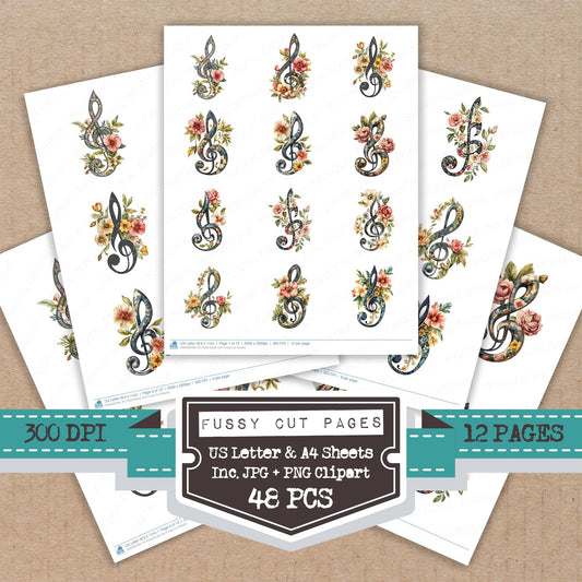 Floral Music Clef fussy cut printable sheets for junk journaling, scrapbooking, and paper craft projects