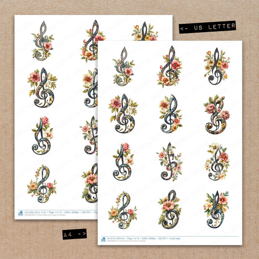 A4 and US Letter format comparison showing Floral Music Clef fussy cut pages for print and cut crafting