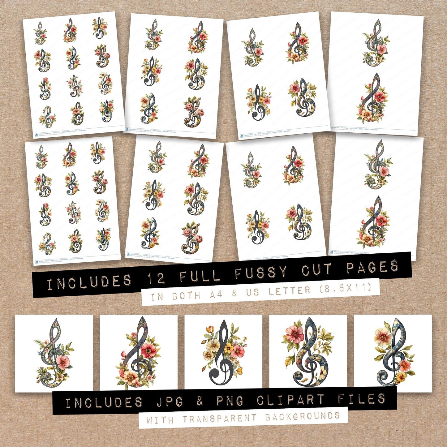 Full collection view of Floral Music Clef fussy cut sheets with bonus clipart JPG and PNG files