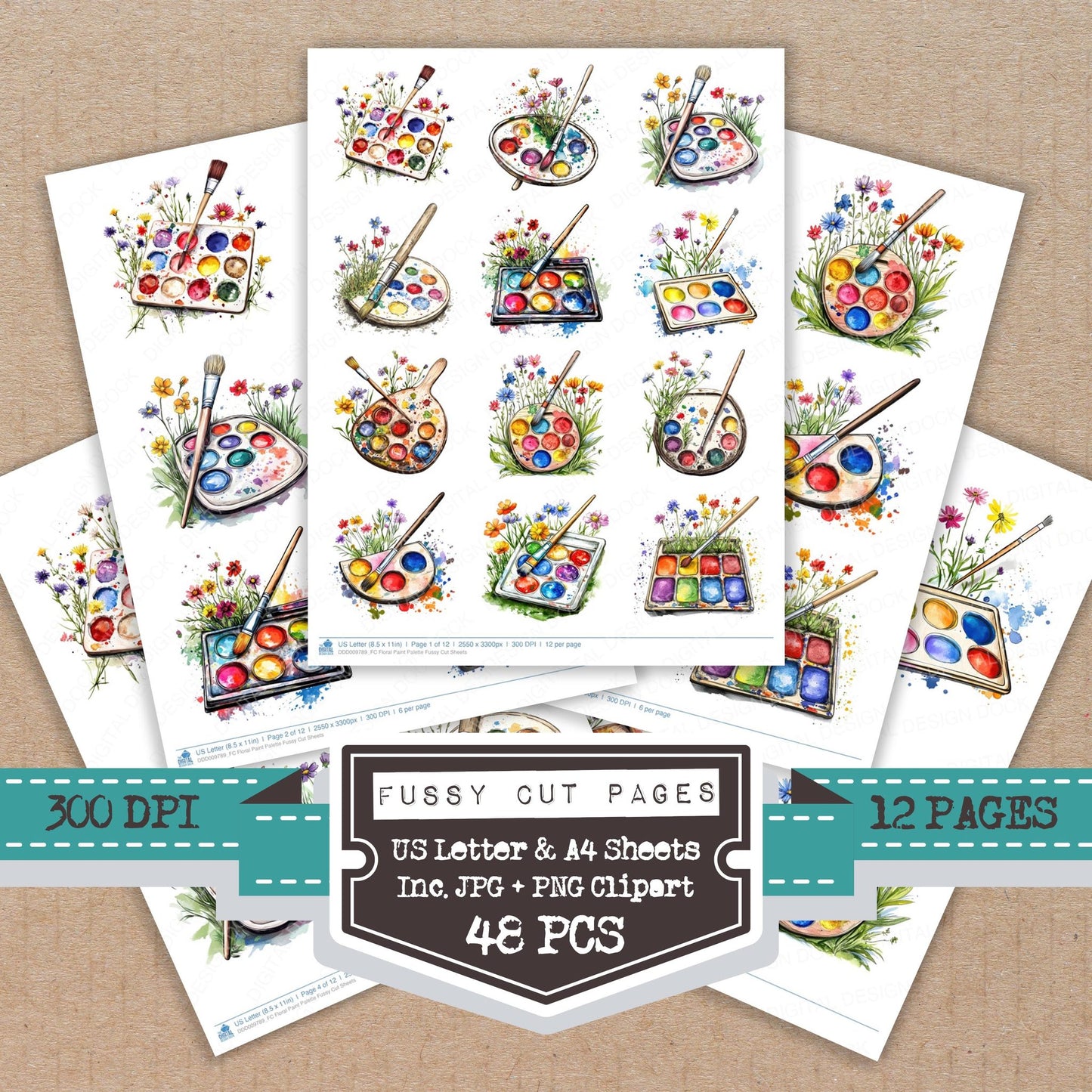 Floral Paint Palette fussy cut printable sheets for junk journaling, scrapbooking, and paper craft projects