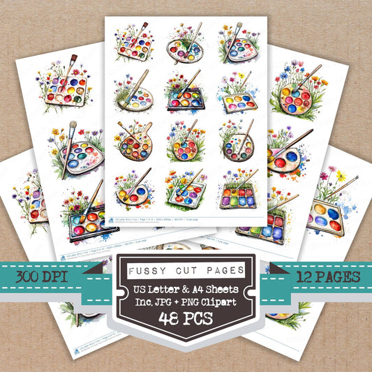 Floral Paint Palette fussy cut printable sheets for junk journaling, scrapbooking, and paper craft projects
