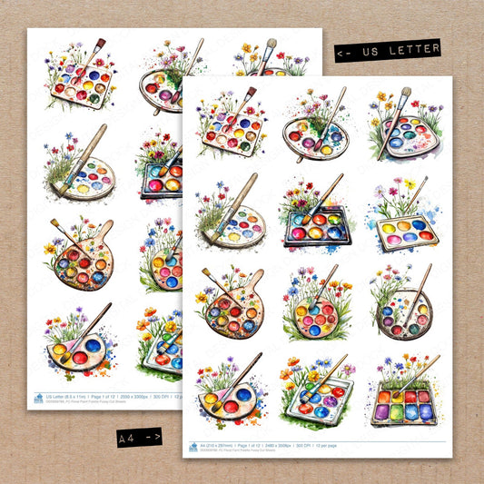 A4 and US Letter format comparison showing Floral Paint Palette fussy cut pages for print and cut crafting