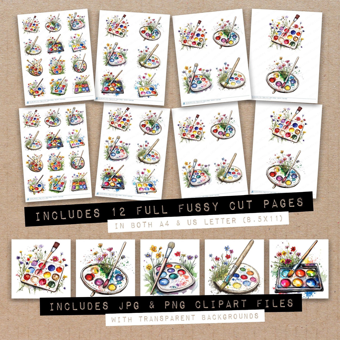 Full collection view of Floral Paint Palette fussy cut sheets with bonus clipart JPG and PNG files