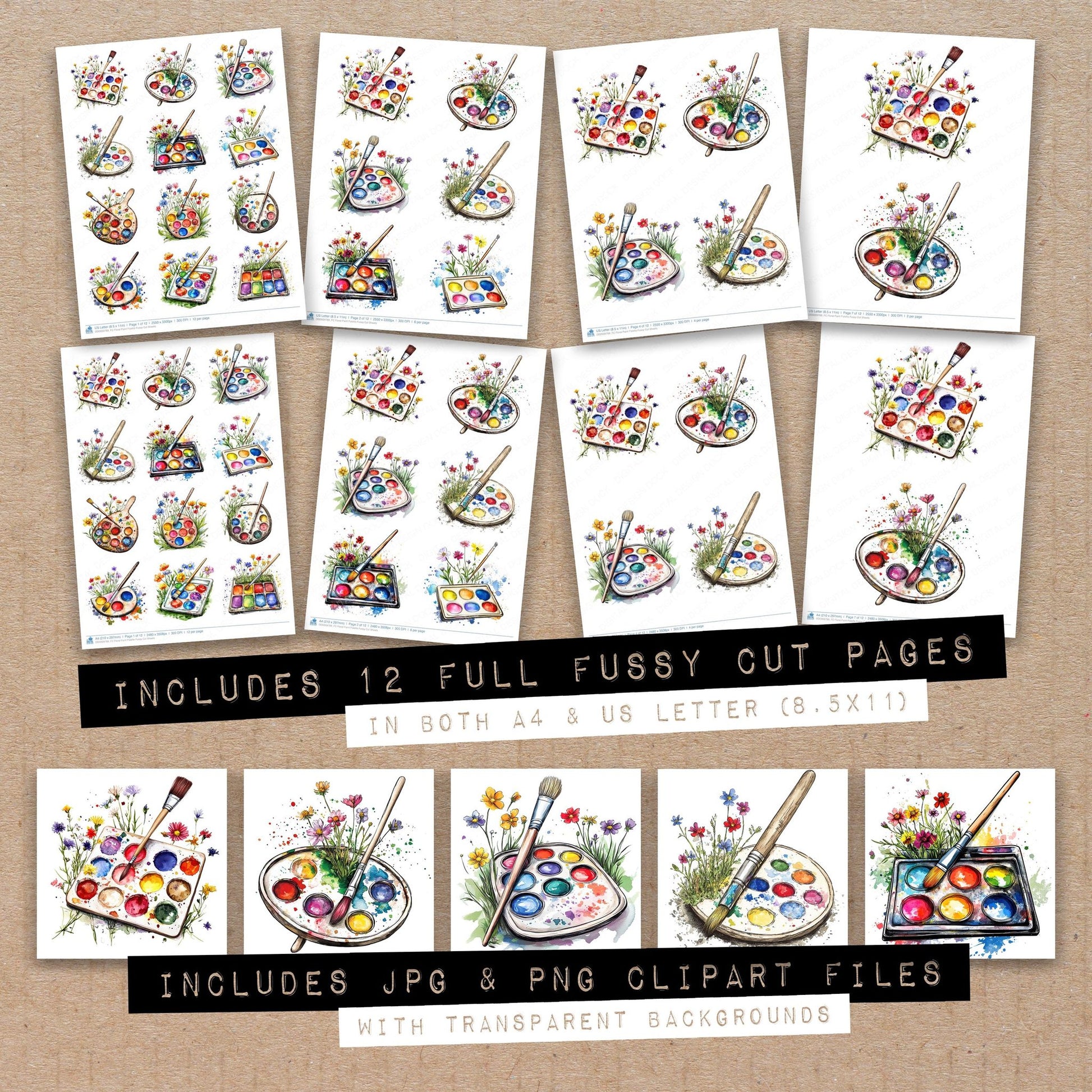 Full collection view of Floral Paint Palette fussy cut sheets with bonus clipart JPG and PNG files