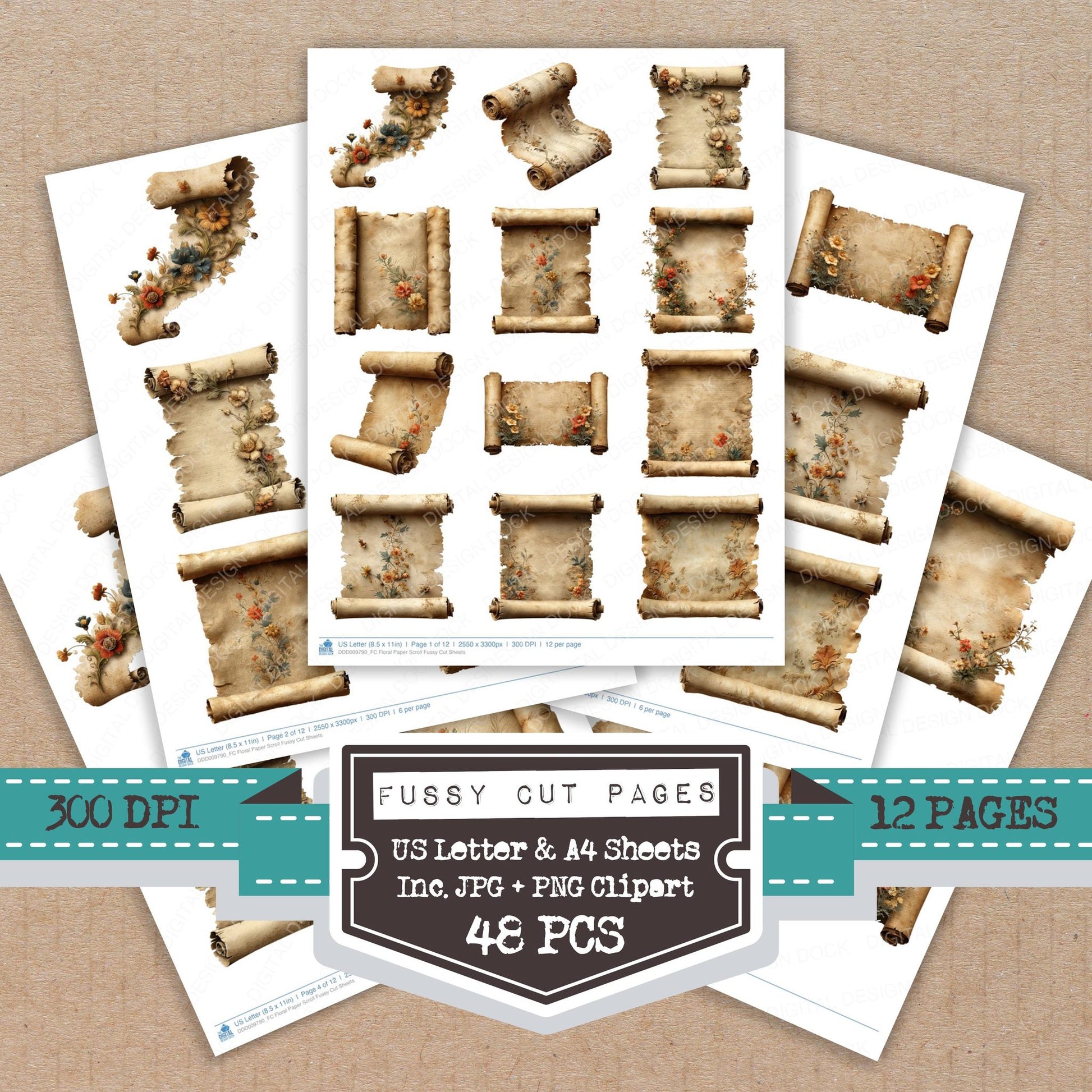 Floral Scroll fussy cut printable sheets for junk journaling, scrapbooking, and paper craft projects