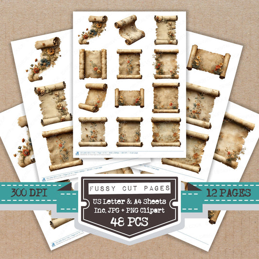 Floral Scroll fussy cut printable sheets for junk journaling, scrapbooking, and paper craft projects