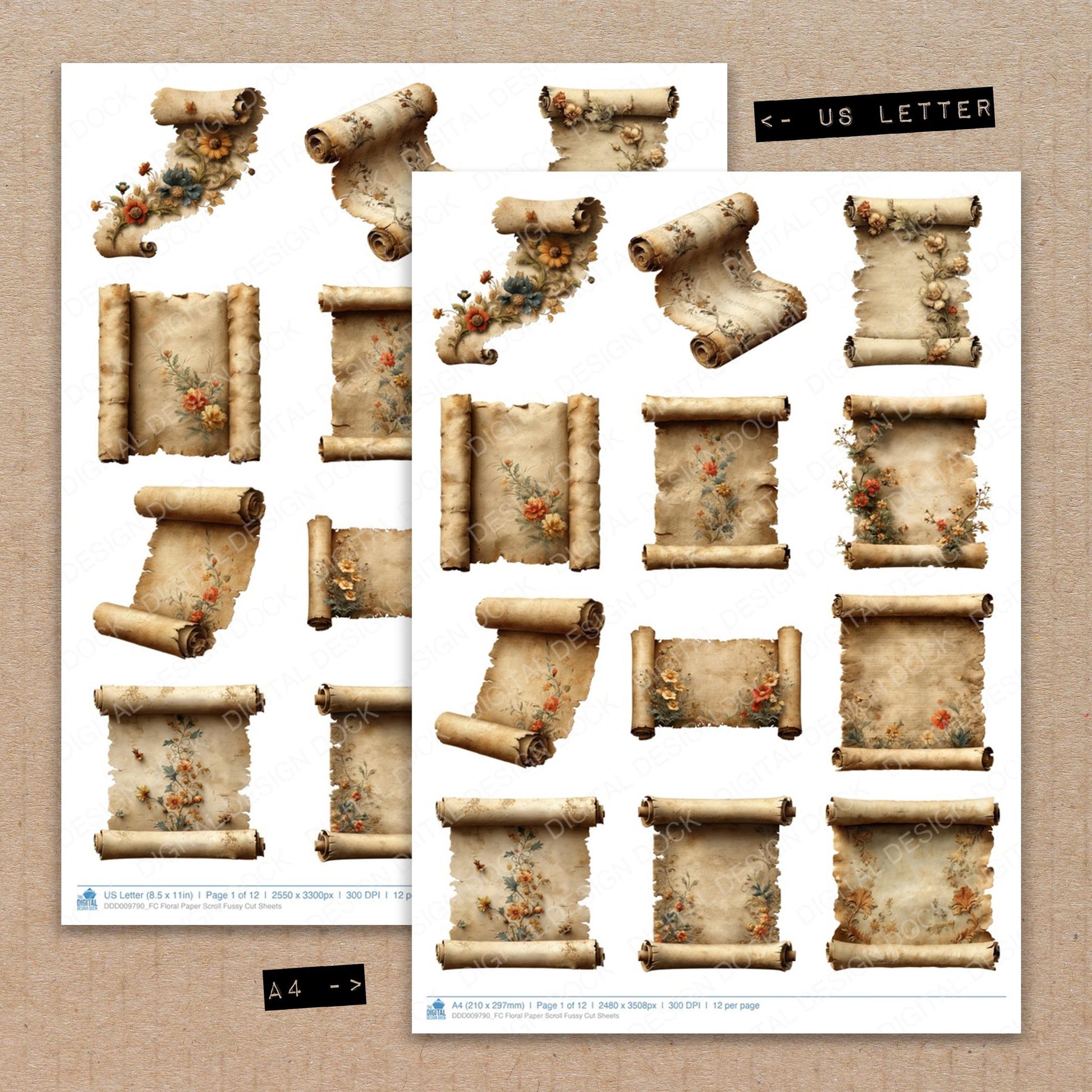 A4 and US Letter format comparison showing Floral Scroll fussy cut pages for print and cut crafting