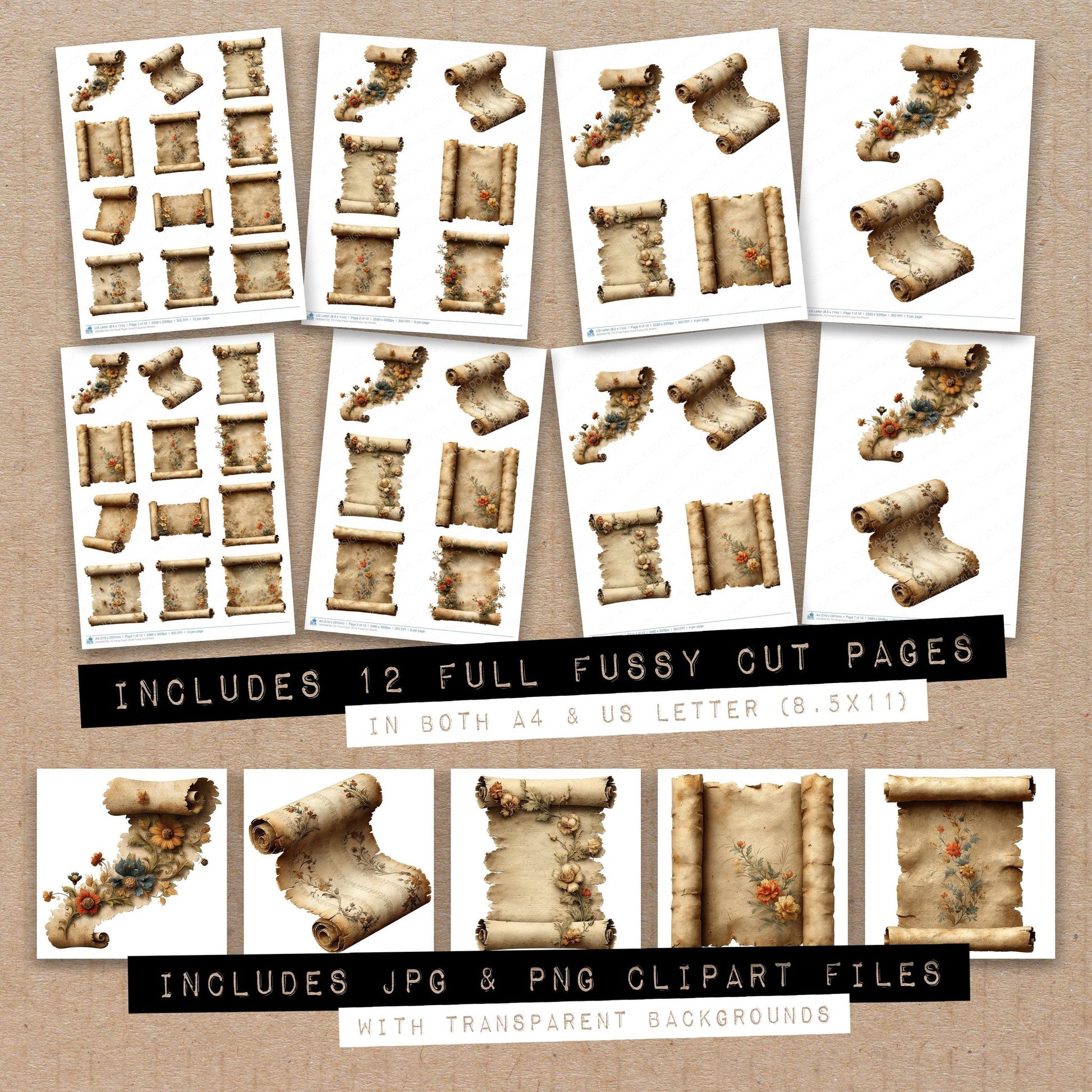 Full collection view of Floral Scroll fussy cut sheets with bonus clipart JPG and PNG files