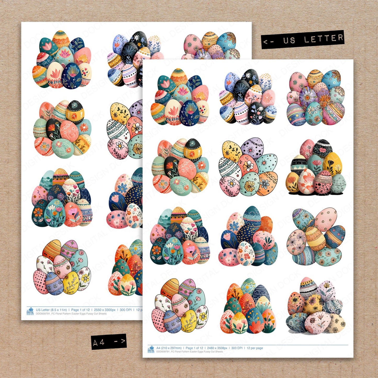 A4 and US Letter format comparison showing Floral Pattern Easter Eggs fussy cut pages for print and cut crafting